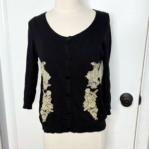 Anthropologie HWR Black Celosia Sweater with Cream Lace Accents Cashmere Blend